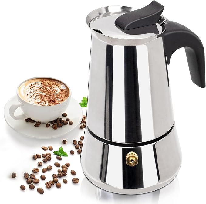 2 Cup 100ml Moka Pot Stainless Steel Espresso Coffee Maker Stovetop Coffeemaker Italian Classic Style Brewing Greca Cafe Mocha Machine for Cafeteras Lover Camping Travel and Home Use 3.3oz
