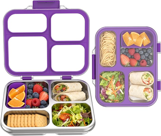 Stainless Steel Bento Box for Kids with Silicone Container, 4 Compartment Metal Lunch Box Kids Adults, Removable Silicone Seal & Clear Lid, Leak Proof Food Storage Container for Meal (Purple)