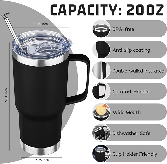 20 oz Tumbler with Handle Stainless Steel Insulated Coffee Tumbler with Lid and Straw Double Wall Vacuum Insulated Coffee Mug Leak Proof Travel Mug Tumbler for Hot and Cold Drink (Black,6pack)