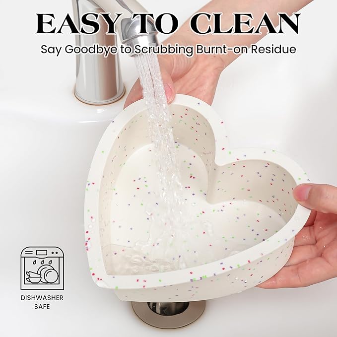 10 Inch Heart Shaped Cake Pans Silicone Large Nonstick Heart Cake Pan Set of 2, Food Grade Silicone Heart Molds for Baking, Easy to Clean Oven Air Fryer Freezer Safe（Cream, Confetti）