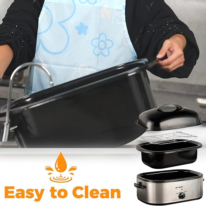 26 Quart Electric Roaster Oven with Visible & Self-Basting Lid, Large Turkey Roaster with Defrost Warm Function, Adjustable Temperature, Removable Pan Rack, Stainless Steel, Silver