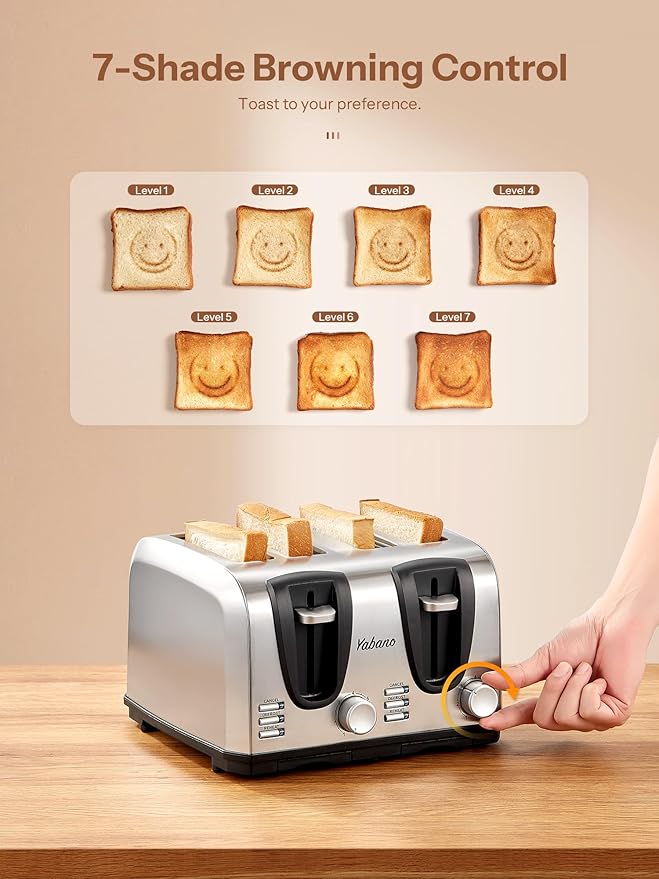 Yabano 4 Slice Toaster, Toaster with Extra Wide Slot and 7-Shade Settings, Defrost and Reheat Function, Make Toast with Smiley Faces, Stainless Steel