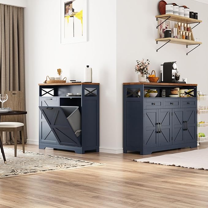 Double Tilt Out Trash Can Cabinet for 13 * 2 Gallon Trash Can, Farmhouse Kitchen Island Cabinet with Adjustable Shelf for Hidden Laundry Basket, Dog Proof Garbage Can for Dining Living Room, Blue