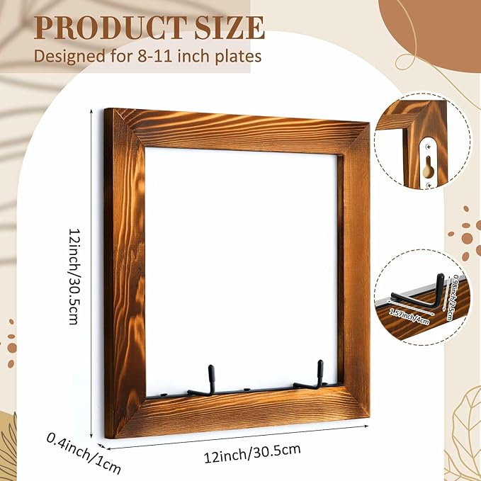 2 Set Plate Hangers, Wall Mounted Wooden Plate Display Holders, Rustic Burnt Solid Wood Frame with Black Metal Hooks for 8 to 11 Inch Plates, Platters & Dishes for Home & Kitchen Decoration