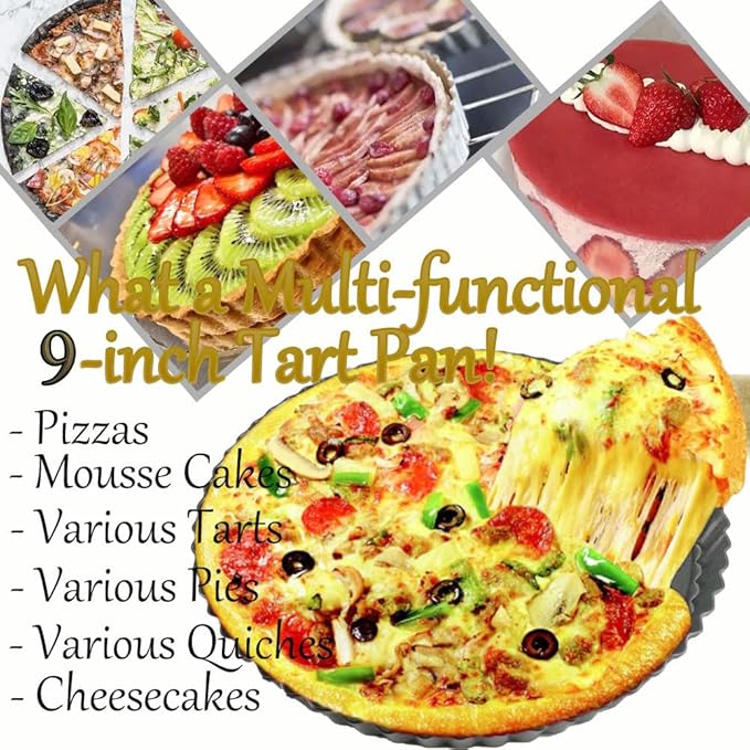 9 Inch Tart Pan with Removable Bottom, Quiche Pan Carbon Steel Heavy Duty Nonstick Pie Pan- Fluted Edges Loose Bottom, Extra Hgh 1.2-Inch Depth for Baking Fruit Tarts, Pies