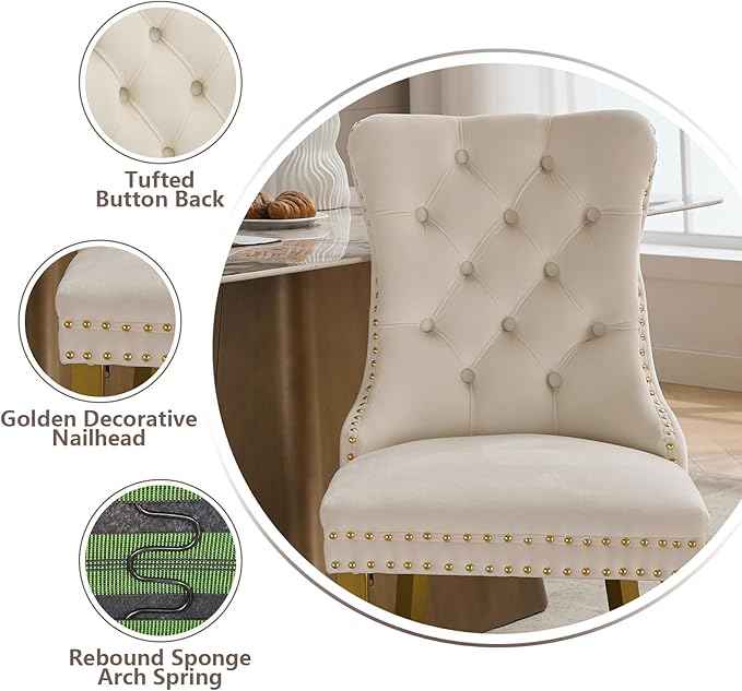 Velvet Dining Chairs Set of 4, Kitchen & Dining Room Chairs, Upholstered Dining Chairs with Back Ring Pull and Golden Solid Wood Legs, Modern Tufted Kitchen Chairs for Dining Room, Cream