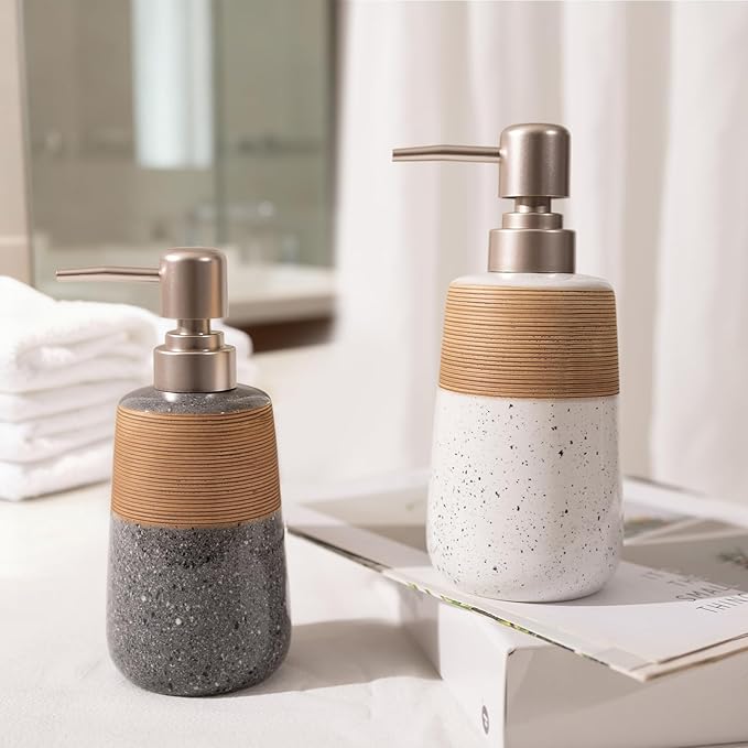 Hand Soap Dispenser, Ceramic Liquid Soap Dispenser for Bathroom Countertop Dish Hand Soap Dispenser for Kitchen Sink, Bathroom Lotion Bottle Dispensers Boho Kitchen Home Decor,15 OZ Grey