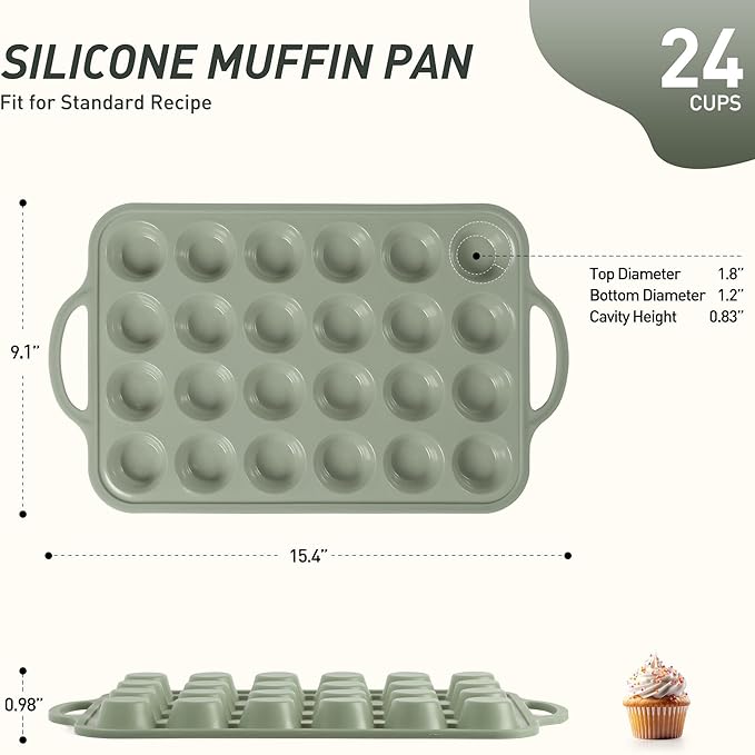 Socisen 24 Cups Silicone Muffin Pan with Metal Reinforced Frame Mini Size Cupcake Pan Tray Egg Bites Silicone Circle Cookie Molds Little Small Muffin Tin Tart Pans Baking Sheet Set for Sandwiches