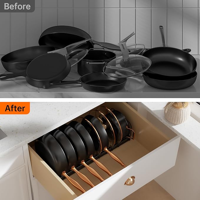 MUDEELA 2 Pack Pots and Pans Organizer Rack for under Cabinet, Expandable Pot Lid Kitchen Cabinet Organizer Holder with 10 Adjustable Compartment Cutting Board Organizer for Pan Lid, Bakeware Sheet