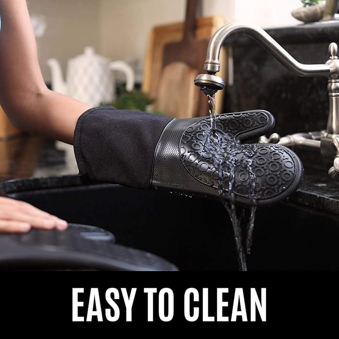 BPA-Free Soft Silicone 4 Piece Oven Mitts & Trivets Set - Ultra Heat Resistant Oven Mitts with Thick Cotton Liner - Long Slip Resistant Pot Holders, Flexible Oven Gloves - Black