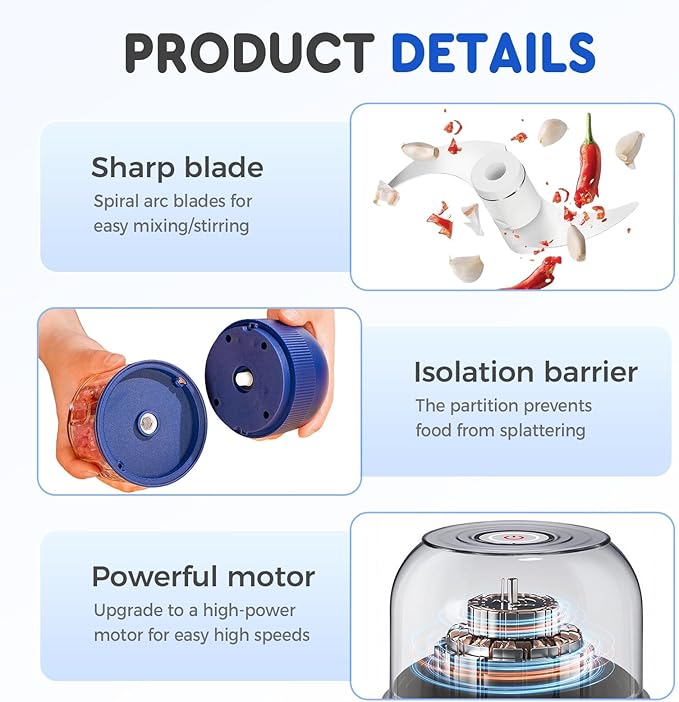 Electric Garlic Chopper, Mini Portable Veggie Chopper Garlic Grinder Onion Choppers, Wireless Electric Food Chopper Tool for Mashing Onion, Garlic, Chili, Ginger (Blue)