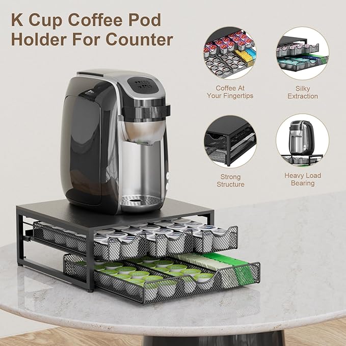 Coffee Pod Holder For Counter, 3 Pull-Out 72 K-Cup Holder Drawer, Wooden Cafe Pods Storage Organizer with Sliding Drawers for Coffee Station, Home, Kitchen, Office, Dorm (Black)
