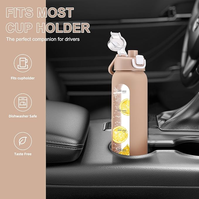 chunmo 24 oz Glass Water Bottles with 2 Lids-Handle Spout Lid & Straw Lid, Motivational Water Bottle with Time Marker and Silicone Sleeve,Leakproof-Amber-1 Pack