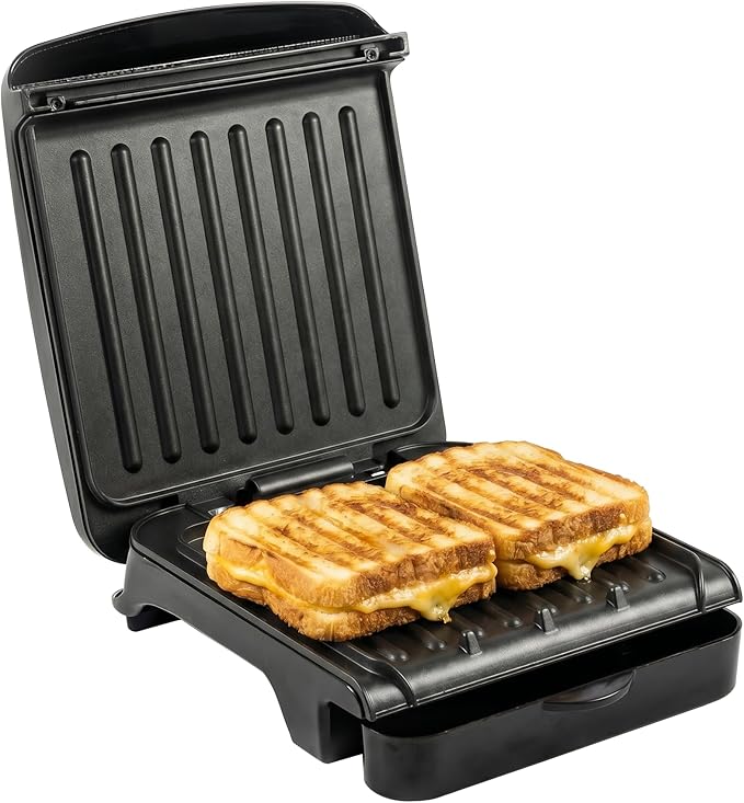 OVENTE 2-Serving Electric Indoor Grill & Panini Press with Easy Clean Non-Stick Plate Coating, Opens 180 Degrees, 8.15" x 7.4" Space Saving Design, 750W Contact Grill for Burgers & More, Black GP222B