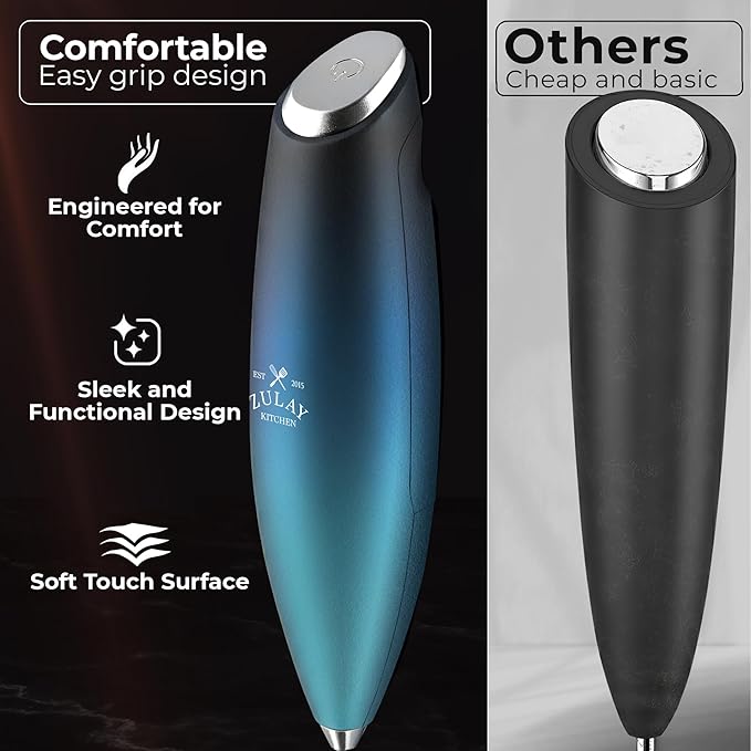 Zulay Kitchen Patented Tornado Triple Whisk Milk Frother with 4 Duracell Batteries – Handheld Foam Maker for Coffee, Lattes, Matcha & Hot Chocolate – Rich, Creamy Froth in Seconds - Sea Depth