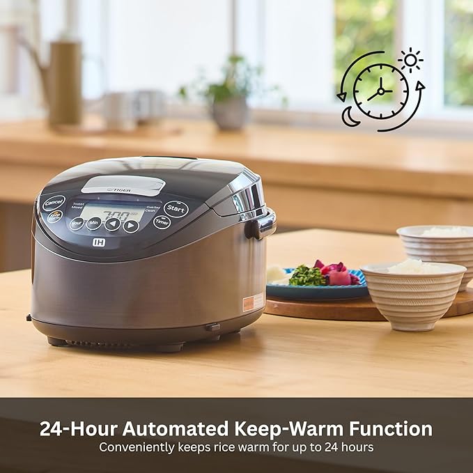 Tiger JPW-H18U Induction Heating Rice Cooker and Warmer with 14 Menu Presets and LCD Display (10-Cup, Mauve Black)