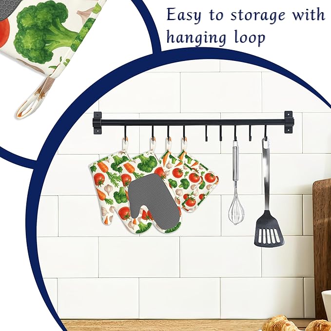 Vegetables Oven Mitts and Pot Holders Sets of 4 Tropical Tomato Carrot Heat Resistant Silicone Oven Mits Gloves Non-Slip Kitchen Mittens Potholders for Cooking Baking Grilling BBQ