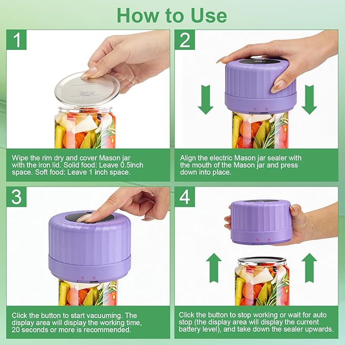 VP06+ Mason Jar Vacuum Sealer, Electric Vacuum Sealer for Jars with Wide and Regular Mouth Mason Lids, Cordless Handheld Jar Vaccum Sealer for Food Storage, Ideal Present for Mom, Wife, Purple