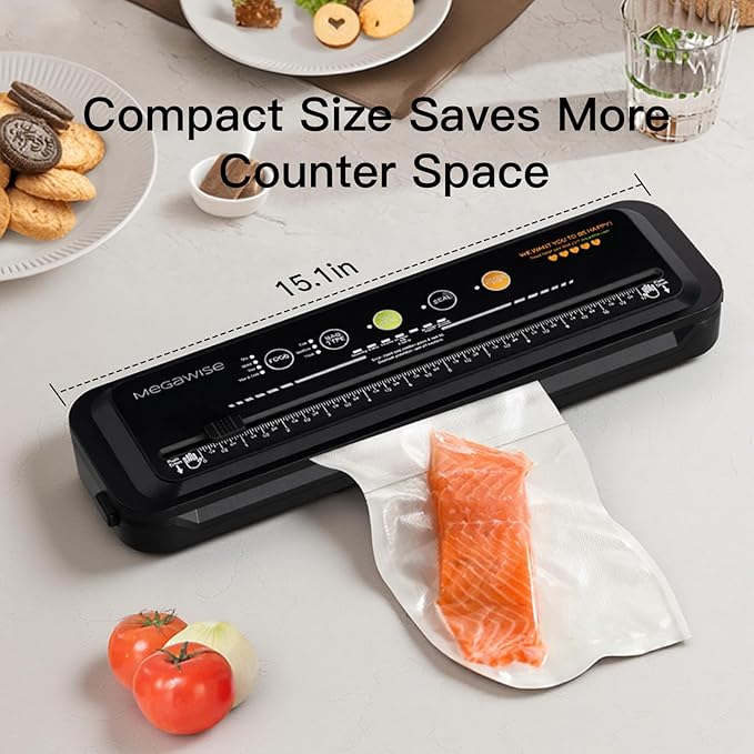 MEGAWISE Food Vacuum Sealer w/Starter Kit with Accessory Hose for Wide and Regular Mouth Sealer, Compact Design with 10 Vacuum Bags & Built-in Cutter