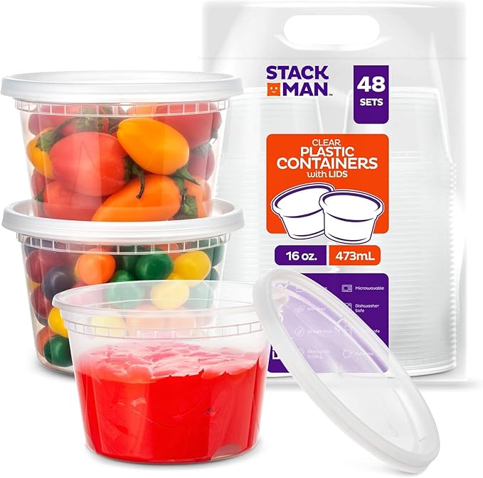 Stack Man Deli Containers with Lids [48 Sets - 16 oz.] Pint Plastic Soup Container - Disposable Deli Food Storage Containers with Airtight Lids for Freezer & Restaurant Takeout