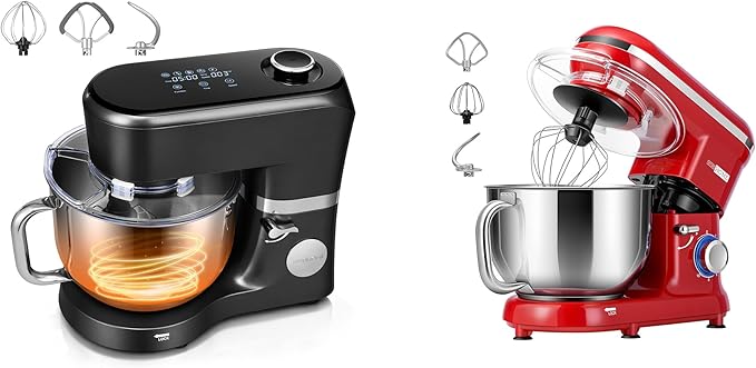 VIVOHOME Stand Mixer with Fermentation, One-Touch Presets, and 6 Qt Bowl, Black, and VIVOHOME 660W 10 Speed 6 Quart Stand Mixer with Beater, Dough Hook, Wire Whip and Egg Separator, Red