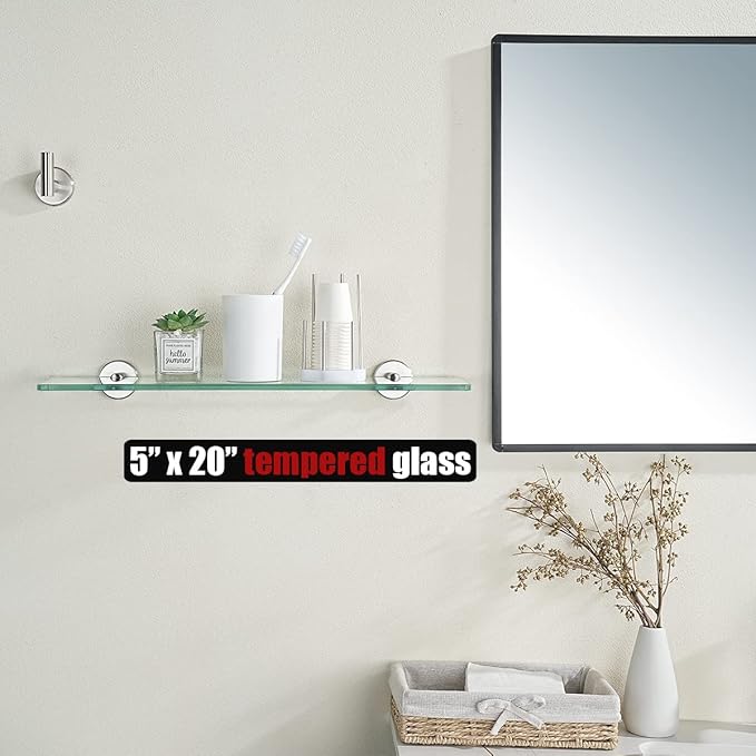 JQK Bathroom Glass Shelf, Tempered Glass Shower Storage 20 by 5 inches, 304 Stainless Steel Brushed Finish Wall Mount, TGS101L20-BN