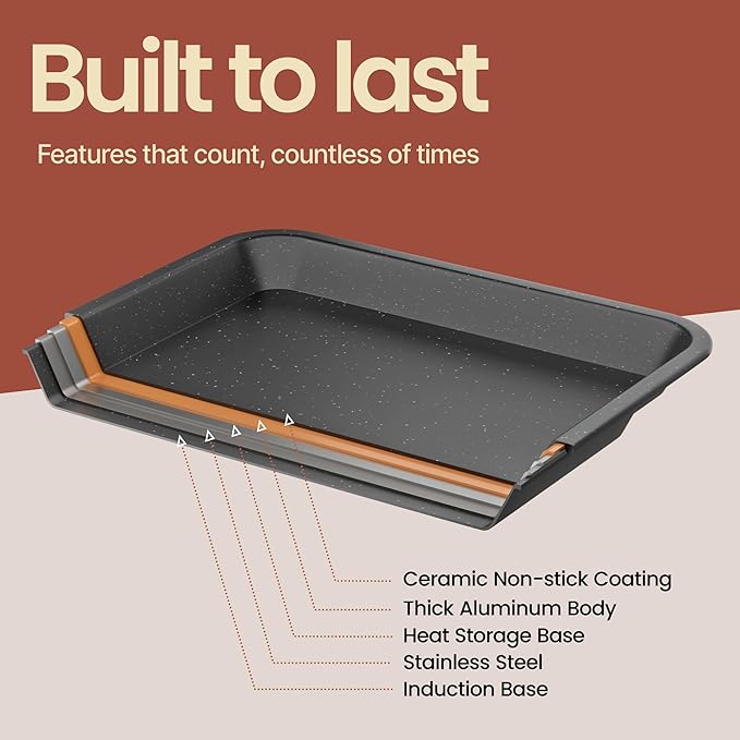Bakken 4-Piece Bakeware Sets, Nonstick Carbon Steel Baking Sheet, Stackable Space-Saving Bakeware, Dishwasher Safe, Stain-resistant, PFOA, PFOS, & PTFE Free, Oven Safe Up To 450°F, Gray Marble