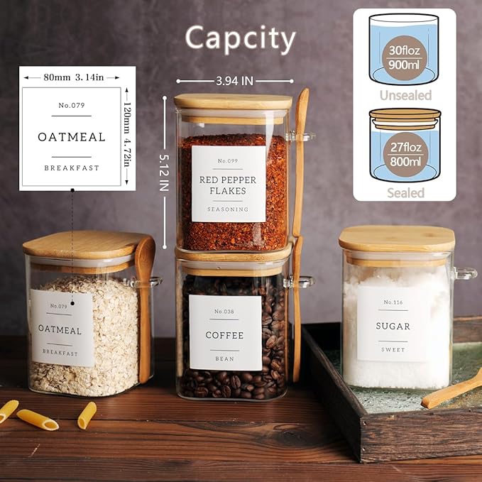 CZZGSM Set of 4 Square Glass Jar with Bamboo Lids and Spoons – Airtight 27 oz Borosilicate Glass Food Storage Contaienrs with 132 Kitchen Pantry Labels for Coffee, Tea, Sugar
