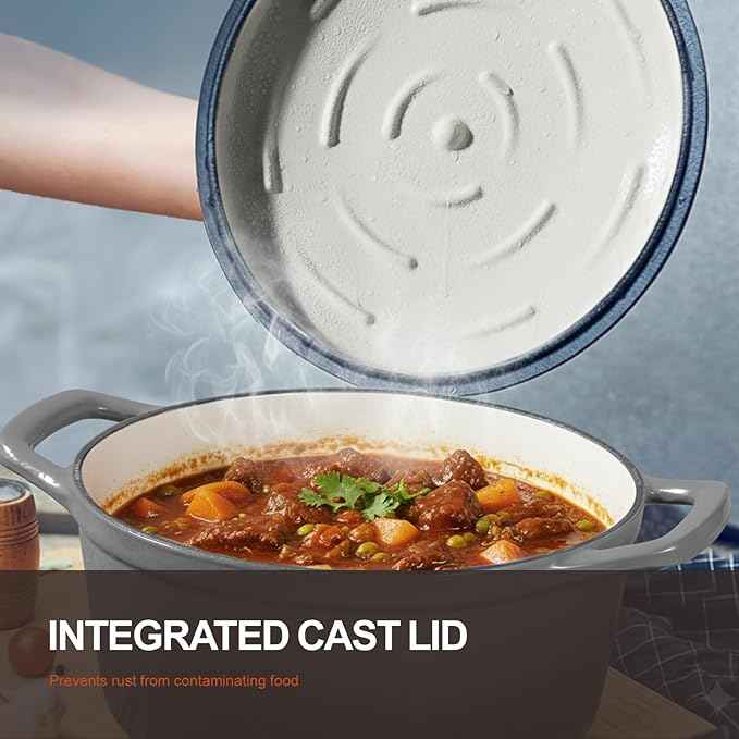 Overmont Enameled Cast Iron Dutch Oven - 5.5QT Pot with Lid Cookbook & Cotton Potholders - Heavy-Duty Cookware for Braising, Stews, Roasting, Bread Baking Grey