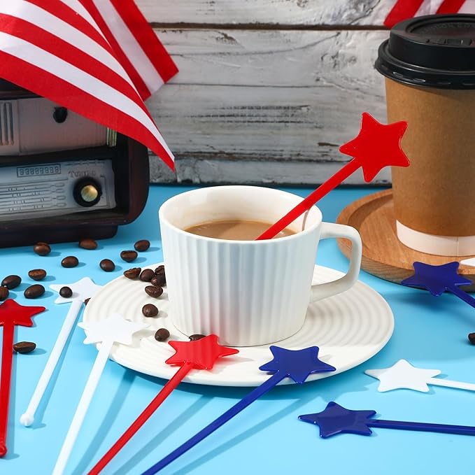 Jansun 36 Pcs 4th of July Patriotic Cocktail Stirrers, Red White and Blue Drink Stirrers Plastic Swizzle Sticks Reusable Coffee Stirrers Stir Sticks for Fourth of July Independence Day Party Supplies
