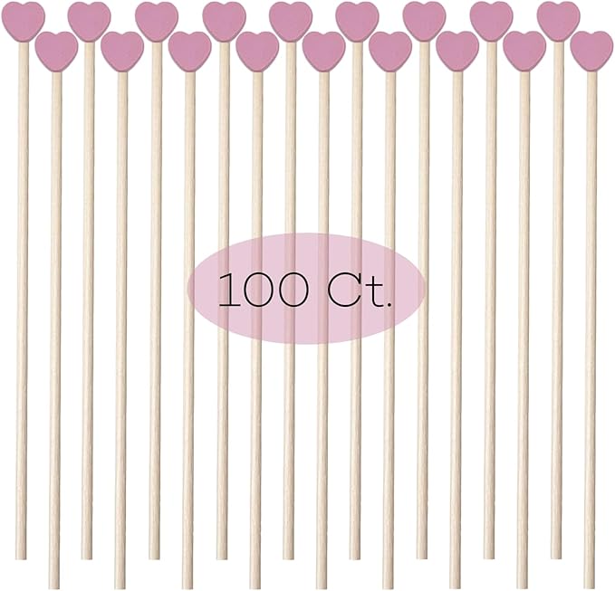 100 Pcs 6 Inch Pink Heart Shaped Valentine's Day Wooden Swizzle Sticks, Cocktail & Coffee Drink Stirrers, Rock Candy Sticks, Cake Pop Sticks, Lollipop Sticks for Anniversary, Wedding Party