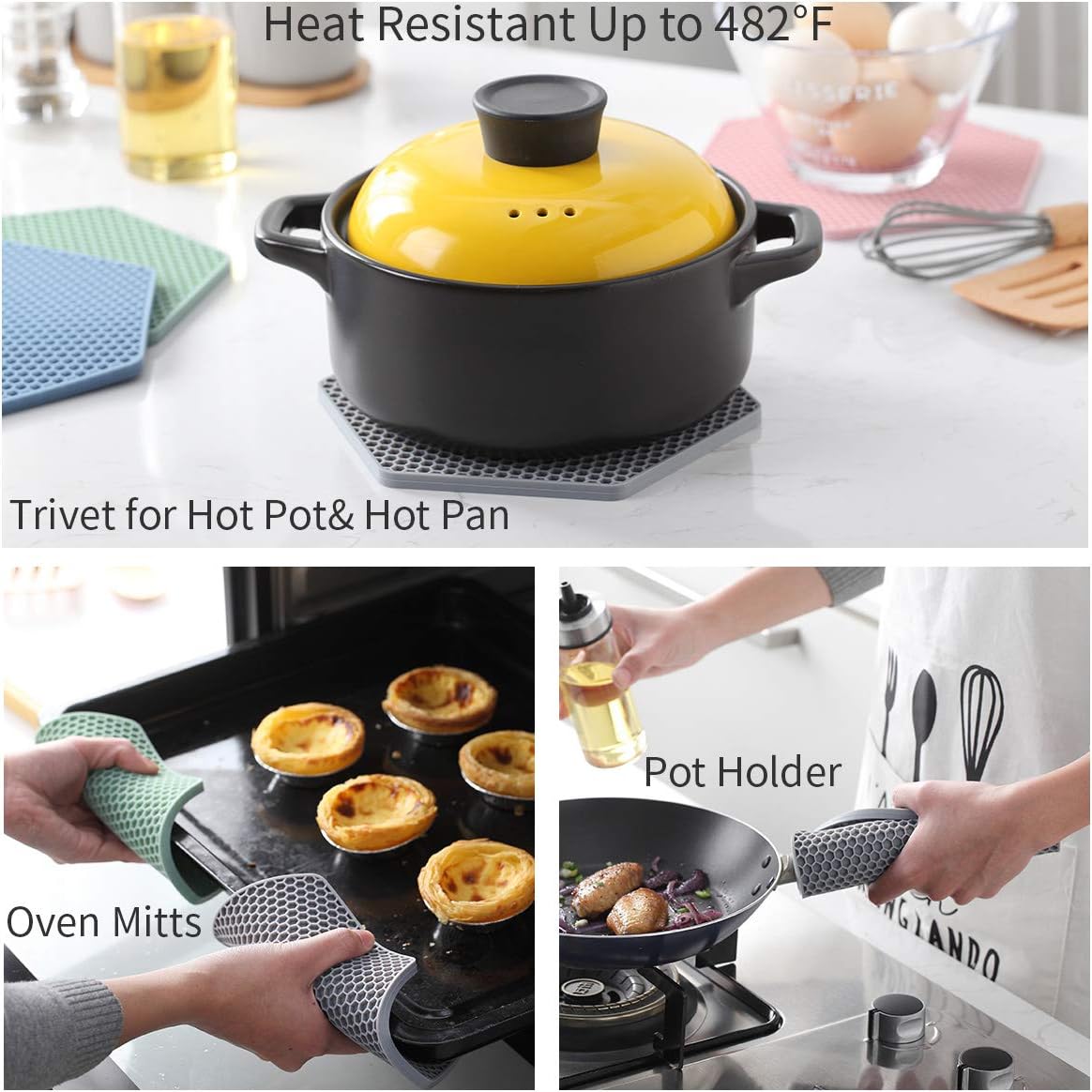 4 Packed Silicone Trivet Mats - DIY Different Size Dish Drying Mat, Hot Pot Holder for Pots & Pans, Non-Slip & Heat Resistant Kitchen Hot Pads for Countertops & Table, Navy Blue