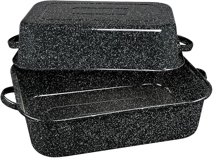 Granite Ware 19-Inch Covered Rectangular Roaster - Enamel Steel Cookware, Nonstick & Chemical-Free, Dishwasher Safe - 25 Lb Capacity, Large Roasting Pan for Meats, Poultry, Vegetables (Speckled Black)