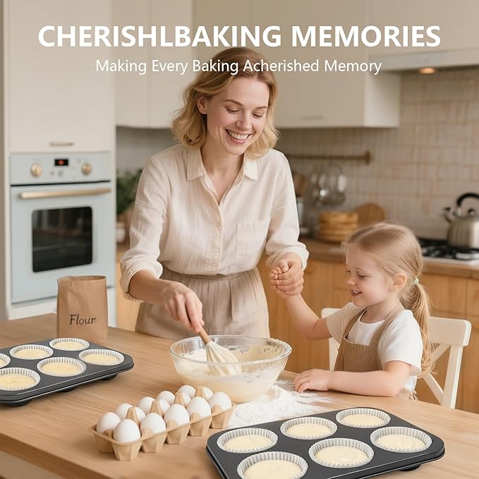 Jumbo Muffin Pan 6 Cup Cupcake Tin Nonstick, 2PCS Durable Large Baking Pan for Big Muffins & Cupcakes, Easy Clean Carbon Steel Giant Muffin Tin for Oven Use, Parties
