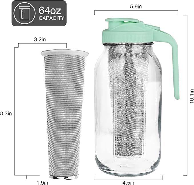Cold Brew Coffee Maker，64 oz Wide Mouth Mason Jar Pitcher with Stainless Steel Filter, Pour Spout Handle Lid, Heavy Duty Glass Airtight & Leak-Proof for Iced Coffee Tea & Lemonade-Green