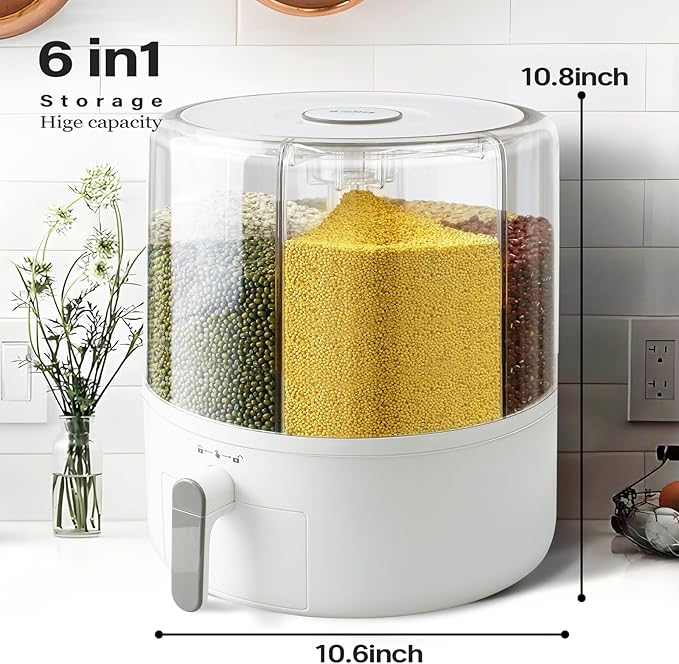 16lb Grain and Rice Storage Container, 6 Grid Rotating Dispenser, Airtight Rice Storage