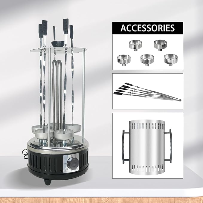Upgraded Countertop Vertical Rotating Oven - Rotisserie Shawarma Machine, Kebob Machine, Stainless Steel Body W/Heat Resistant Door, Includes 5 Skewers & 5 Oil Collecting Cups, US Plug, 110V
