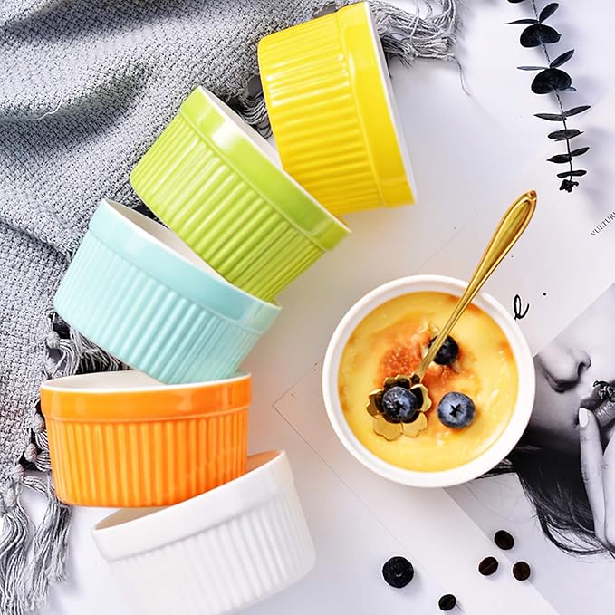 Foraineam 12 Pack 6 oz Ramekins Bakeware 6 Colors Porcelain Souffle Dishes Dessert Custard Baking Cups for Souffle, Creme Brulee and Ice Cream