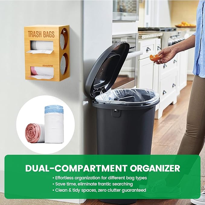 Dual Roll Bamboo Trash Bag Dispenser & Grocery Bag Holder, 2-Compartment Organizer for 13–33 Gallon Rolls (Fits Up to 5.2”Dia), Wall Mount or Under Sink, Stackable Storage