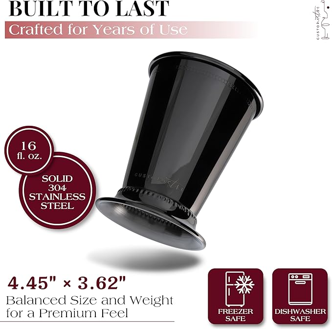 Gusto Nostro Mint Julep Cups Set of 4 - Stainless Steel Julep Cup Kit with Straws, Muddler, Spoon, Recipes, Vases - Southern-style Cocktail Glasses for Home Bar - Stainless Steel Cocktail Cups (Black)