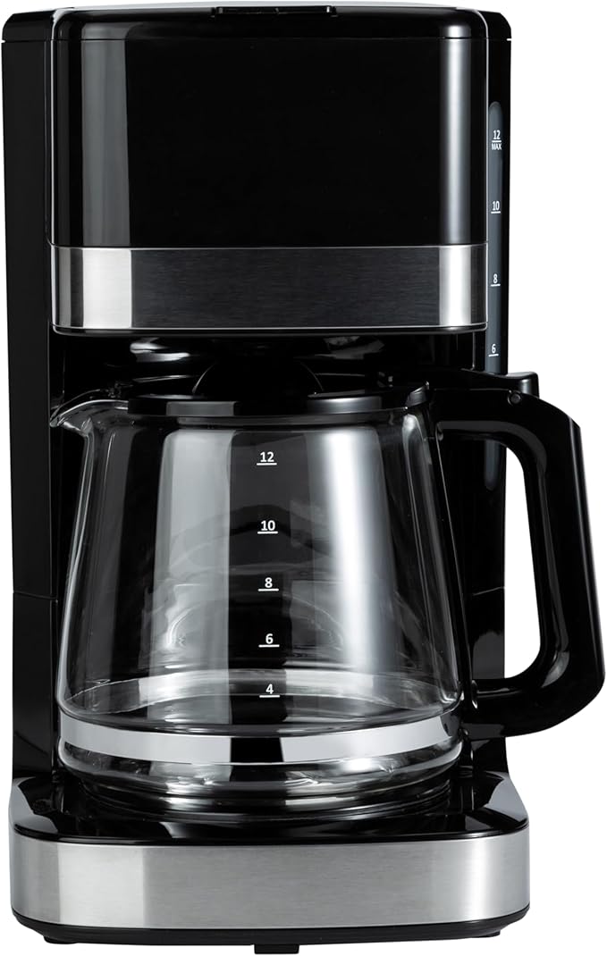 Amazon Basics 12 Cup Drip Coffee Maker with Glass Carafe (1.9 Qt), Auto Shut-off, Auto Pause, Removable Filter Basket, Black & Silver