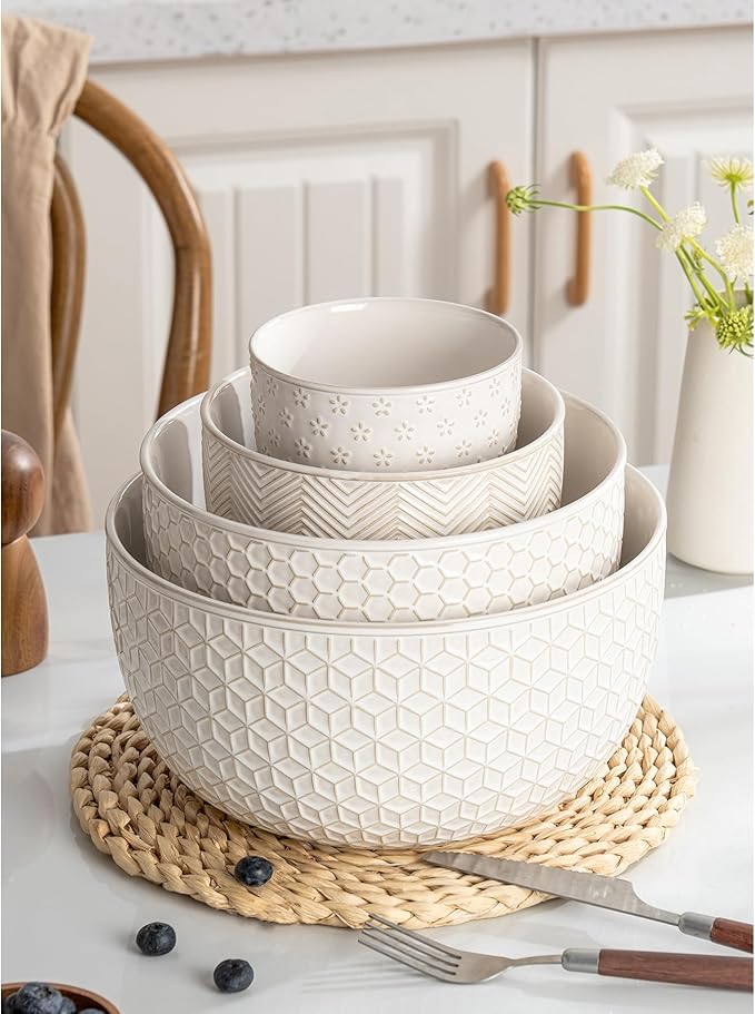 Ceramic Mixing Bowls, Embossed Nesting Bowls Set of 4, Mixing Bowl Set for Serving, Baking, Cooking and Gift, Microwave and Dishwasher Safe, 20/47/99/148 oz, Off-White