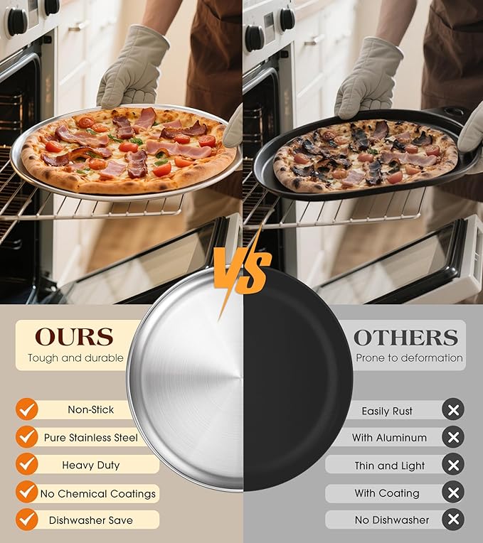 Yuiicaov Stainless Steel Pizza Pan 13½ inch, Pizza Pan for Oven, Steel Pizza Tray, Durable Round Pizza Plate Pizza Baking Sheet, Easy Clean & Dishwasher Safe, Set of 1