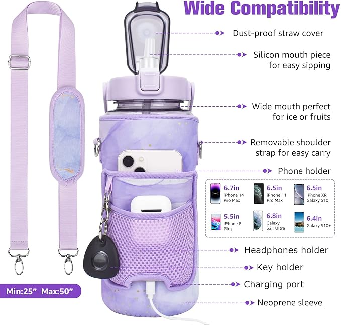 Half Gallon Water Bottle with Sleeve, 64OZ Motivational Water Bottle with Straw & Time Marker, BPA Free Leakproof Large Sports Water Bottle, Reusable Water Jug for Workout Gym Sport