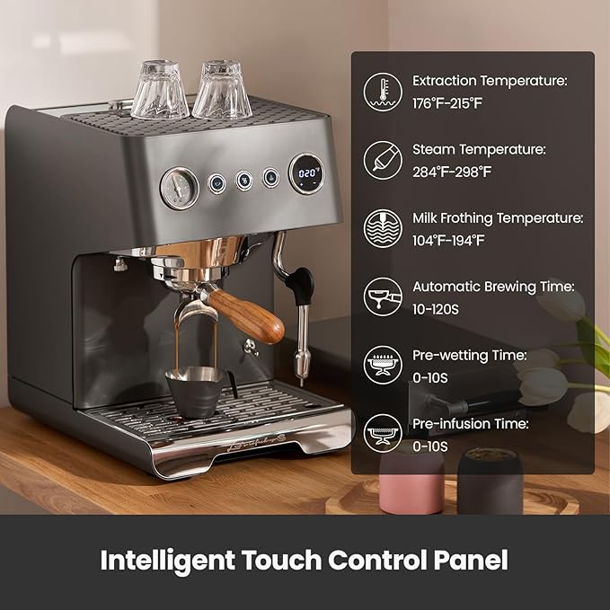 Gemilai G3028A Espresso Machine, 15 Bar Professional Coffee Maker with Adjustable Pressure & Automatic Milk Frother, Dual PID & 550ml Boiler, 57oz Tank, Stainless Steel for Cappuccino, Latte Grey