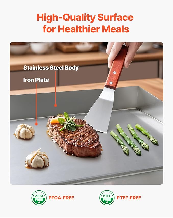 VEVOR Commercial Electric Griddle, 28.54 x 15.75 in, 2800W, 122-570°F Adjustable Temp Control, Stainless Steel Countertop Flat Top Grill with 2 Spatulas, 2 Brushes, and 4 Foot Pads, for Steak