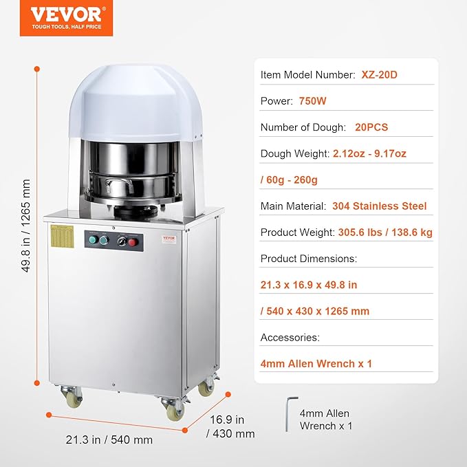 VEVOR Dough Divider,20PCS Electric Dough Divider Machine,2.12oz-9.17oz Equal Dough Press Dough Cutting with 304 SS Tray and Copper Motor Divider for Bakery,Restaurant,Commercial Food Preparation