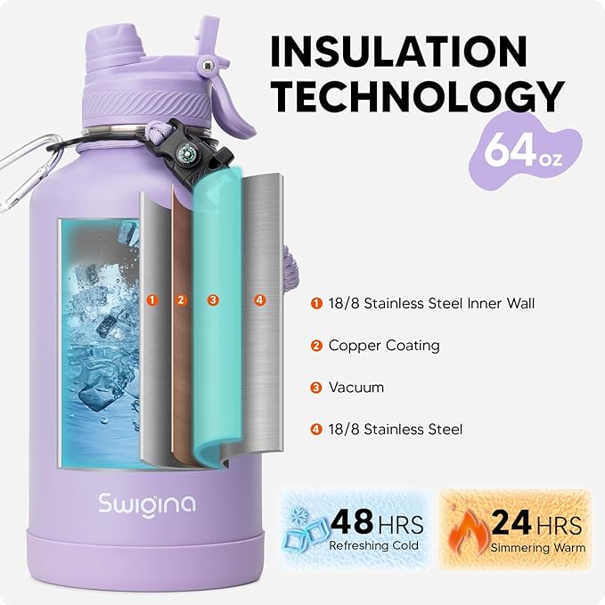 Swigina [2-IN-1 LID] 64 oz Insulated Water Bottle with Silicone Boot (48hrs Cold/24hrs Hot) - DIY Stickers, Leakproof, BPA Free, Half Gallon
