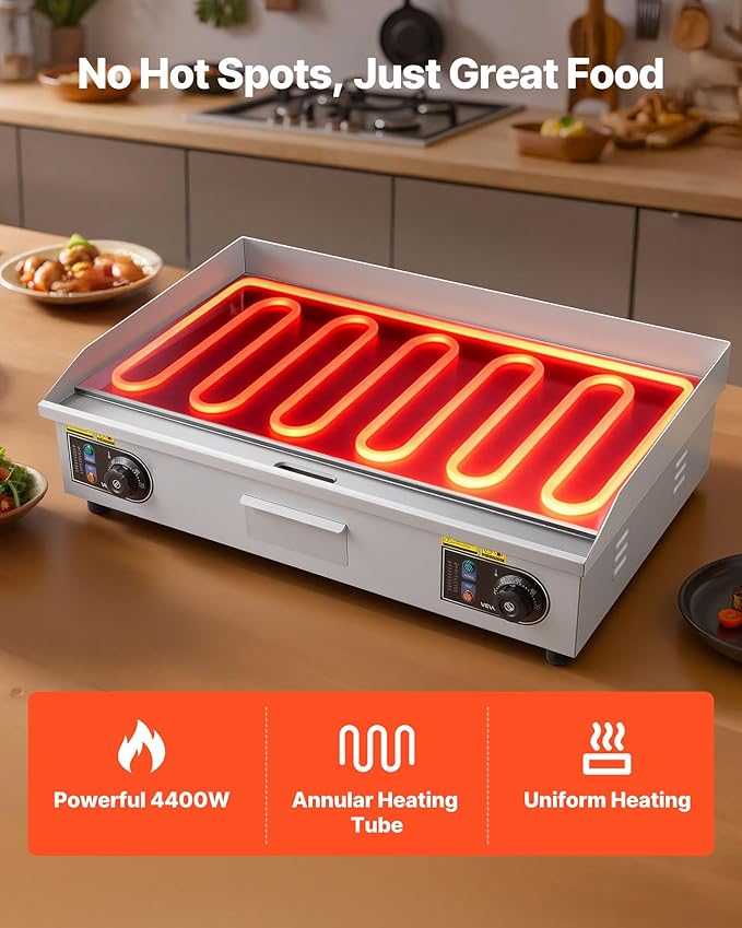 VEVOR Commercial Electric Griddle, 28.54 x 15.75 in, 2800W, 122-570°F Adjustable Temp Control, Stainless Steel Countertop Flat Top Grill with 2 Spatulas, 2 Brushes, and 4 Foot Pads, for Steak