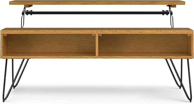 SIMPLIHOME Hunter 48 inch Wide Rectangle Industrial Lift Top Coffee Table in Oak Veneer for the Living Room and Family Room